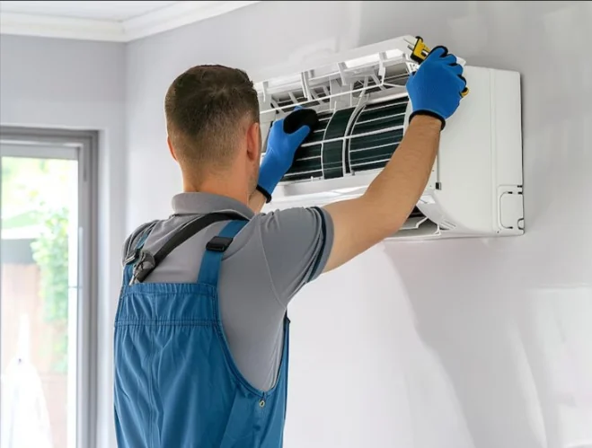 Technician cleaning the filters of a wall-mounted air conditioner